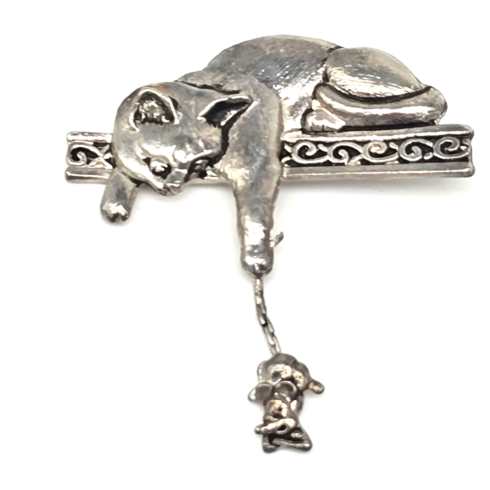 Silver Cat And Mouse Brooch Pewter Moveable Vintage